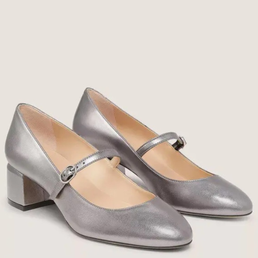 🌹STUART WEITZMAN🌹 Gabby Block Heel Leather Mary Jane Pumps Metallic Size: 8.5B